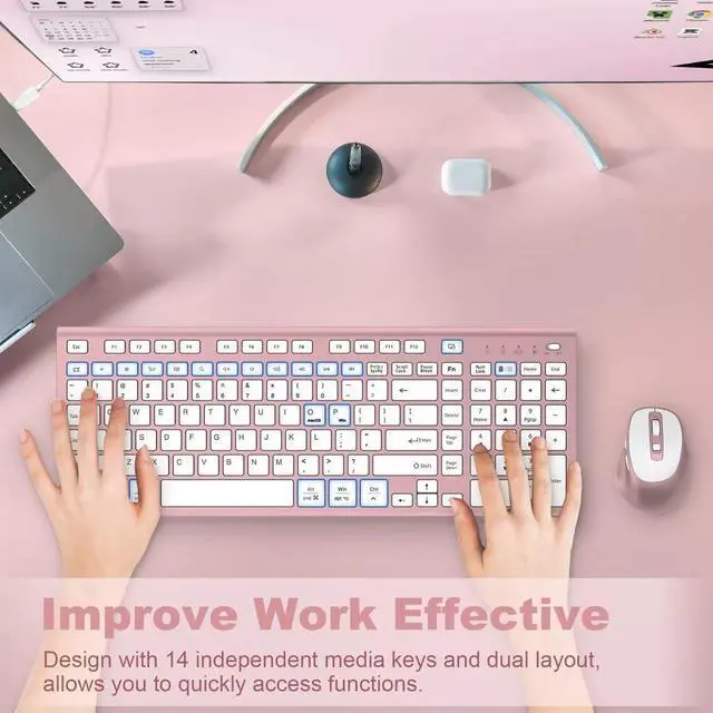 Alt view image 5 of 5 - Wireless Keyboard Mouse Combo, USB Type C Rechargeable Slim Silent Compact Full-Size Keyboard with Number Pad and Cover for Windows, macOS, PC/Computer/Laptop - Rose Gold