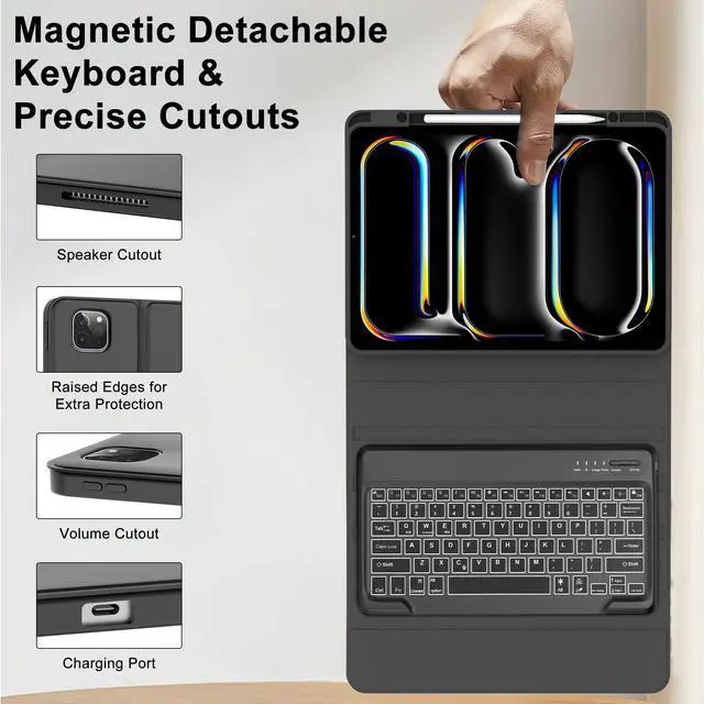 Alt view image 3 of 5 - iPad Pro 13 inch Case with Keyboard (M4, 2024), Detachable Wireless Bluetooth Keyboard, 7 Colors Backlit, Smart Folio Cover with Pencil Holder for 13" iPad Pro (M4), Auto Sleep/Wake, Space Black