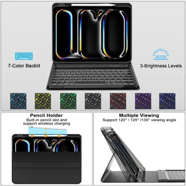Alt view image 4 of 5 - iPad Pro 13 inch Case with Keyboard (M4, 2024), Detachable Wireless Bluetooth Keyboard, 7 Colors Backlit, Smart Folio Cover with Pencil Holder for 13" iPad Pro (M4), Auto Sleep/Wake, Space Black