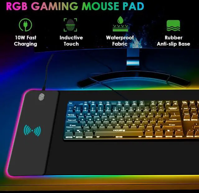 Alt view image 2 of 5 - RGB Gaming Mouse Pad with Wireless Charging 15W, 14 Lights Touch Button LED Mouse Mat Extra Large Mousepad Non-Slip Rubber Base Waterproof Computer Keyboard Mat for Gaming, PC, Laptop, 800x300x4MM