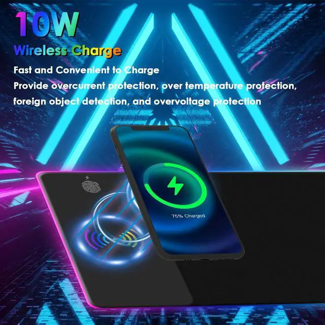 Alt view image 4 of 5 - RGB Gaming Mouse Pad with Wireless Charging 15W, 14 Lights Touch Button LED Mouse Mat Extra Large Mousepad Non-Slip Rubber Base Waterproof Computer Keyboard Mat for Gaming, PC, Laptop, 800x300x4MM