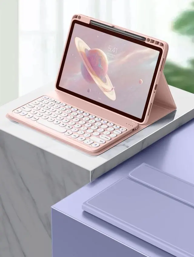 Alt view image 5 of 5 - KMXDD Keyboard Case for iPad Air 13 inch M2, iPad Pro 12.9 inch 6th / 5th / 4th / 3rd Generation Color Keyboard Case Round Key Bluetooth Rechargeable Keyboard Case (Pink)