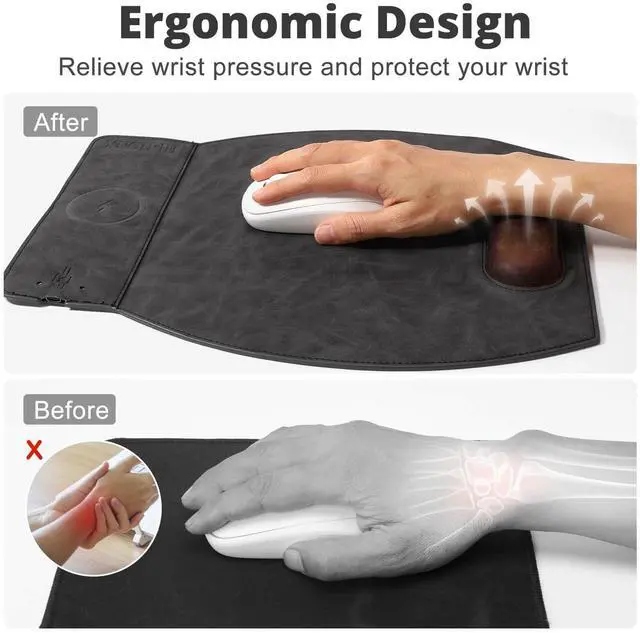 Alt view image 4 of 5 - Magnetic Wireless Charging Mouse Pad with Ergonomic Design, Mousepad with Wrist Support, Foldable Mousepad with Wrist Rest for Computer, Laptop, Office & Home, 14 x 12.1 in, Grey