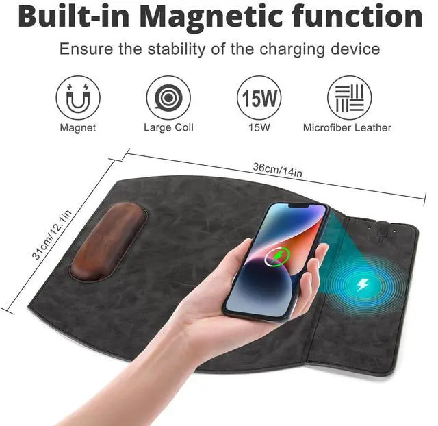 Alt view image 3 of 5 - Magnetic Wireless Charging Mouse Pad with Ergonomic Design, Mousepad with Wrist Support, Foldable Mousepad with Wrist Rest for Computer, Laptop, Office & Home, 14 x 12.1 in, Grey