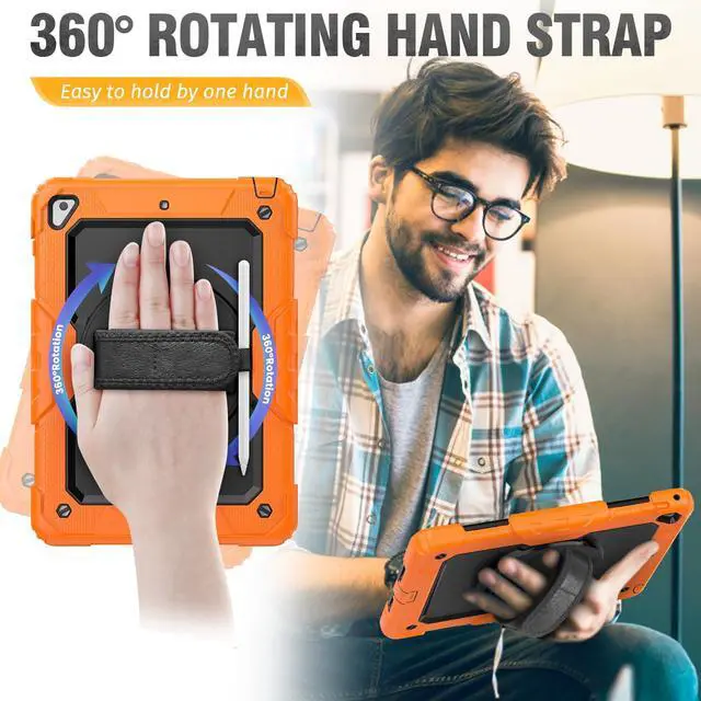Alt view image 4 of 5 - HXCASEAC Case for iPad Pro 9.7, Air 2, 9.7 inch 6th/5th Gen 2018/2017/2016/2014 with Screen Protector/Pencil Holder/ 360 Rotating Hand Strap Stand, Full Body Protective Cover for iPad 9.7 - Orange
