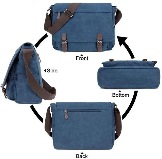 Alt view image 3 of 5 - Messenger Bag for Men and Women, Retro Canvas Shoulder Bag Satchel For College fit 13.3 Inch Laptop (Dark Blue)