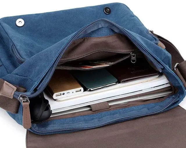 Alt view image 5 of 5 - Messenger Bag for Men and Women, Retro Canvas Shoulder Bag Satchel For College fit 13.3 Inch Laptop (Dark Blue)