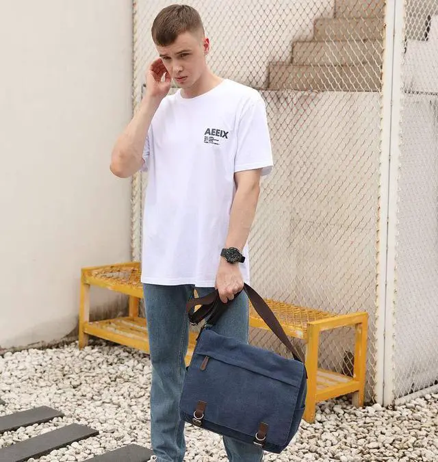 Alt view image 4 of 5 - Messenger Bag for Men and Women, Retro Canvas Shoulder Bag Satchel For College fit 13.3 Inch Laptop (Dark Blue)