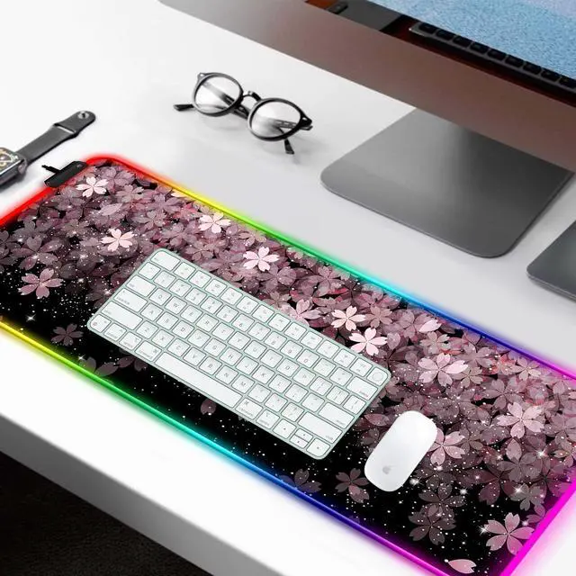 Alt view image 2 of 5 - JIANG100 RGB Japanese Cherry Blossom Gaming Desk Mat, Computer Keyboard Large Extended Flowers LED Mouse Pad for Office and Home, 31.5x11.8 Inches, XL, Black