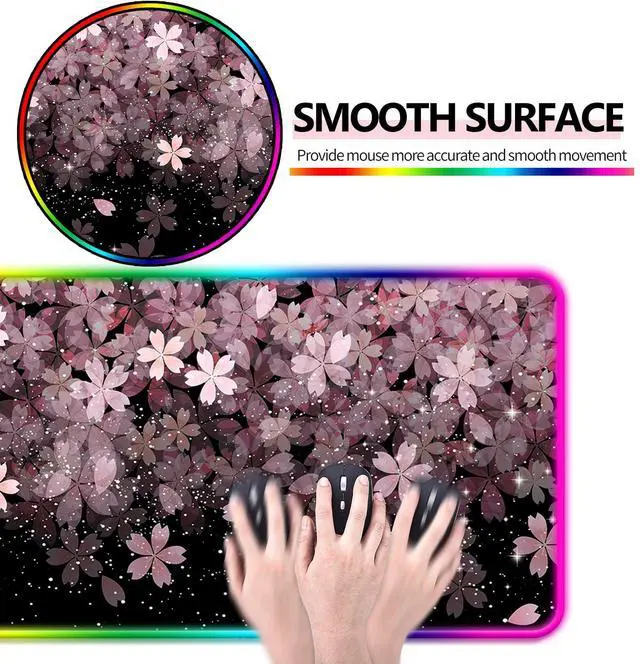 Alt view image 3 of 5 - JIANG100 RGB Japanese Cherry Blossom Gaming Desk Mat, Computer Keyboard Large Extended Flowers LED Mouse Pad for Office and Home, 31.5x11.8 Inches, XL, Black