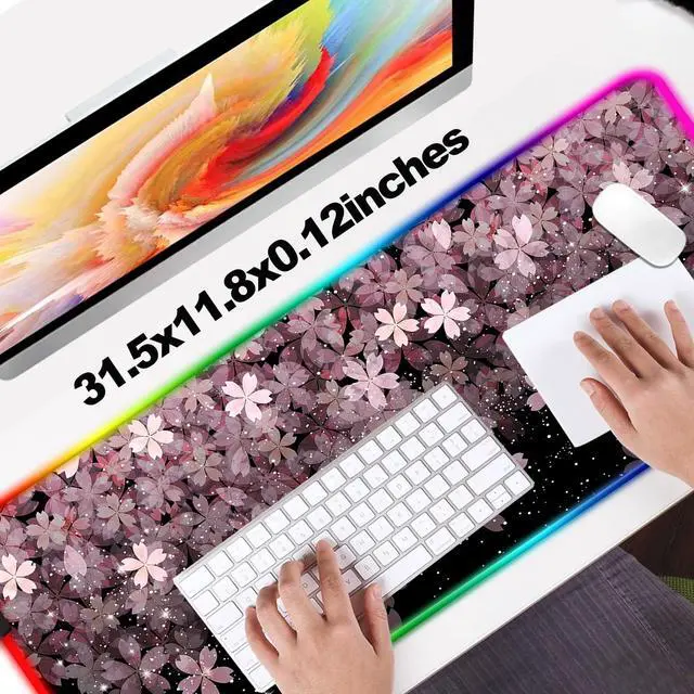Alt view image 5 of 5 - JIANG100 RGB Japanese Cherry Blossom Gaming Desk Mat, Computer Keyboard Large Extended Flowers LED Mouse Pad for Office and Home, 31.5x11.8 Inches, XL, Black