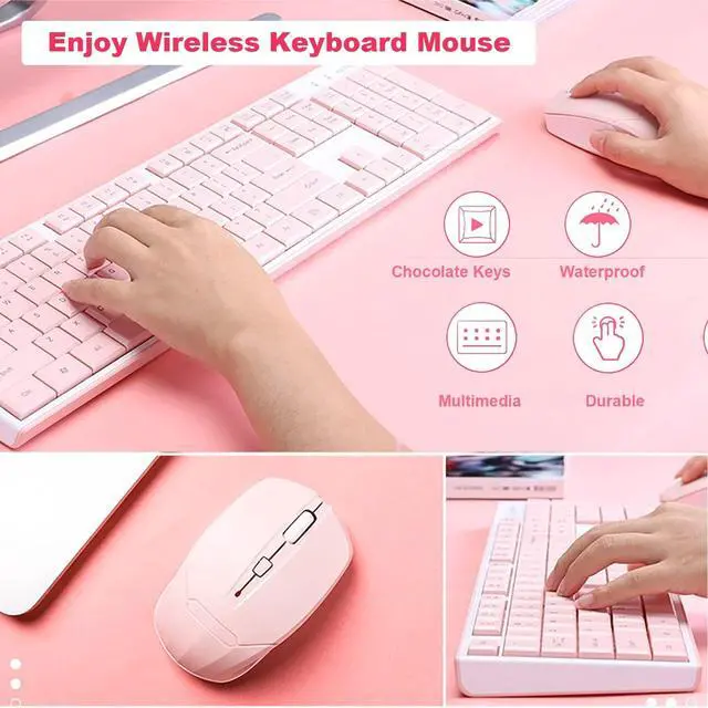 Alt view image 2 of 5 - Wireless Keyboard Mouse Combo, Full Sized 2.4G Cordless Keyboard with Silent Chocolate Keys Multimedia, Ultra-Thin Cute Keyboard and 1600dpi Mouse Set for Computer PC Laptop (Pink)