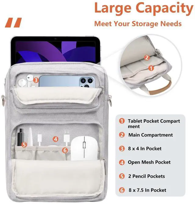 Alt view image 3 of 5 - Kailaien 10-13 Inch Tablet Sleeve Bag, Ipad Bag for 13 In/11 in New iPad Pro M4 & 13 in Air M2 2024,iPad Pro 12.9 M2&M1,Ipad 10.9,Galaxy Tab S8+/S9+ 12.4,with Removable Shoulder Strap(Silver)