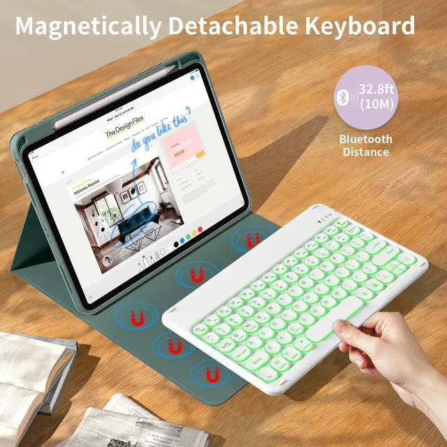 Alt view image 2 of 5 - kenke for iPad 11/10th Gen Case with Keyboard 11/10.9 inch 2025 A16/2022, Detachable Wireless Bluetooth Keyboard Case with Left Side Pencil Holder, Backlit White Circular Keycaps (Dark Green