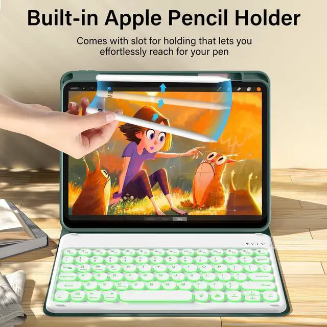 Alt view image 3 of 5 - kenke for iPad 11/10th Gen Case with Keyboard 11/10.9 inch 2025 A16/2022, Detachable Wireless Bluetooth Keyboard Case with Left Side Pencil Holder, Backlit White Circular Keycaps (Dark Green