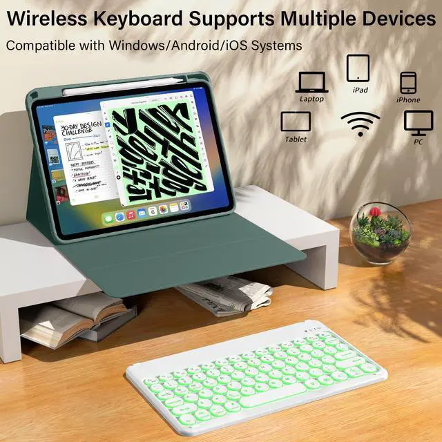 Alt view image 5 of 5 - kenke for iPad 11/10th Gen Case with Keyboard 11/10.9 inch 2025 A16/2022, Detachable Wireless Bluetooth Keyboard Case with Left Side Pencil Holder, Backlit White Circular Keycaps (Dark Green