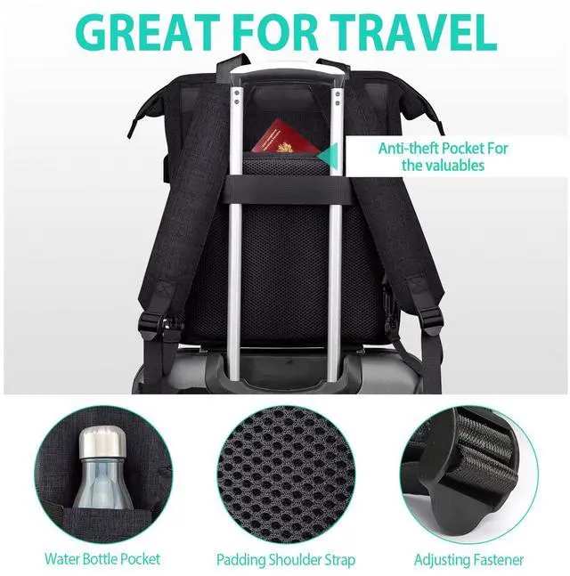 Alt view image 5 of 5 - Kuosdaz Backpack for Women, School Backpacks for Teen Girls, Large Wide Open Backpack with USB Charging Port, 15.6 Inch Work Laptop Backpack, Black