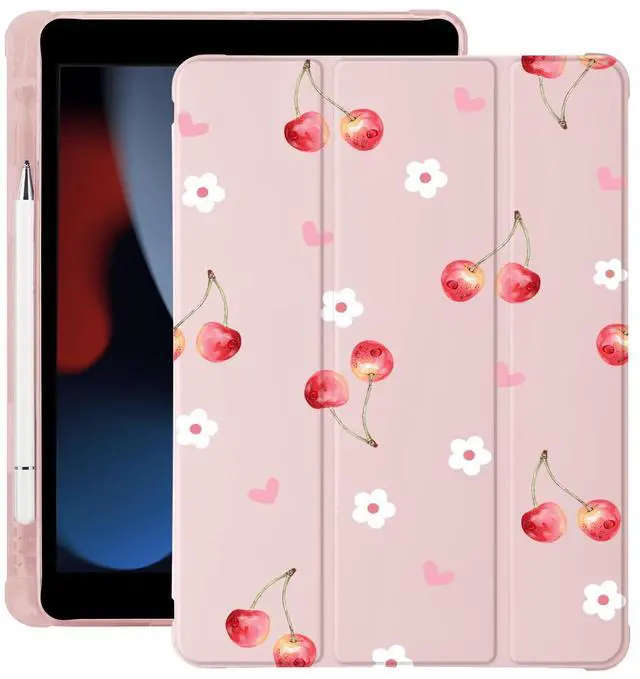 Main image of Cute Cherry Floral Heart for iPad Air 11 Inch Case 7th/6th Generation (M3/M2) 2025 2024 with Pencil Holder, Auto Sleep/Wake, Pink Leather Soft TPU Back Cover