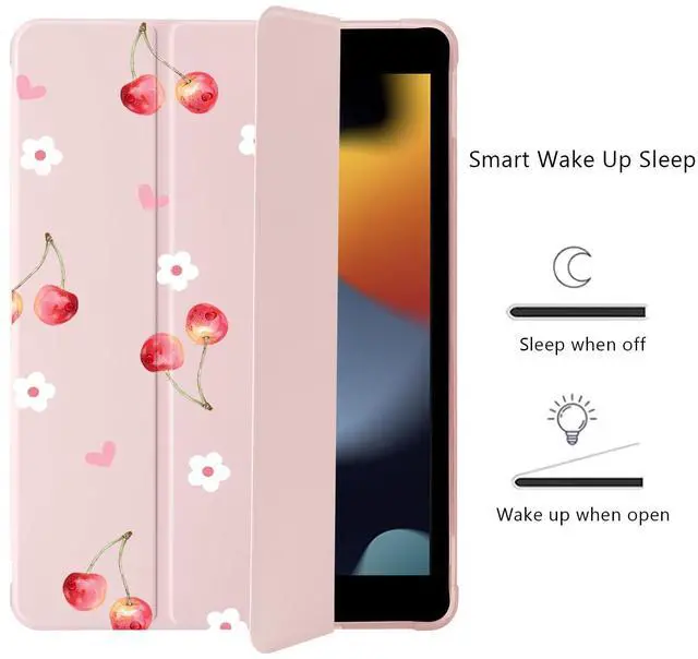 Alt view image 3 of 5 - Cute Cherry Floral Heart for iPad Air 11 Inch Case 7th/6th Generation (M3/M2) 2025 2024 with Pencil Holder, Auto Sleep/Wake, Pink Leather Soft TPU Back Cover