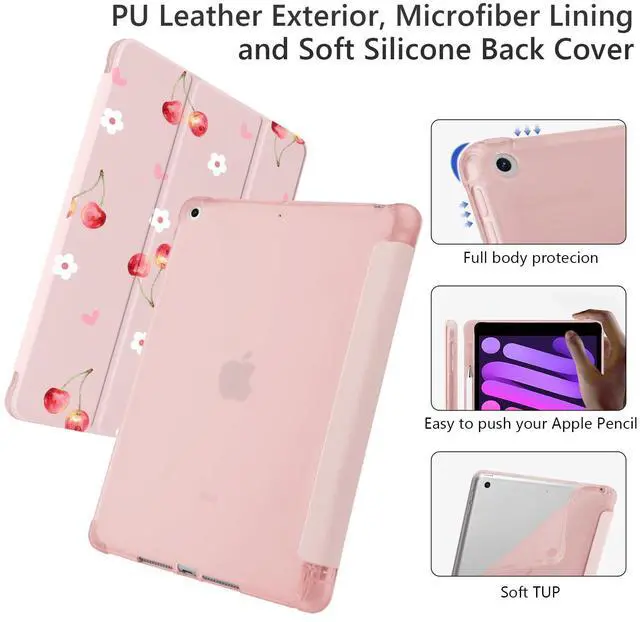 Alt view image 4 of 5 - Cute Cherry Floral Heart for iPad Air 11 Inch Case 7th/6th Generation (M3/M2) 2025 2024 with Pencil Holder, Auto Sleep/Wake, Pink Leather Soft TPU Back Cover