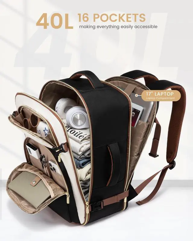 Alt view image 3 of 5 - LOVEVOOK Travel Essentials Carry on Backpack 40L Travel Backpack for Women Men,Waterproof TSA Personal Item Travels Bag Airline Flight Approved,Large Carry on Luggage Laptop Backpack with Packing Cube