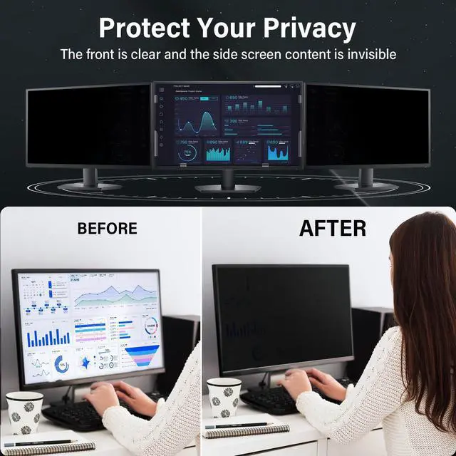 Alt view image 2 of 5 - 2 Pack Monitor Privacy Screen 24 Inch 16:9 Aspect Ratio 24in Computer Screen Privacy Shield Blue Light Blocker Anti-Glare Eye Strain Filter, Removable Anti Spy Film Desktop Security Private Cover