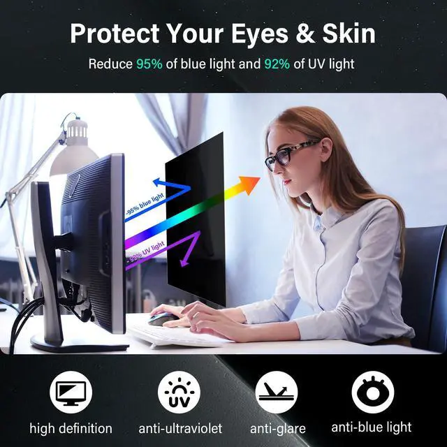 Alt view image 3 of 5 - 2 Pack Monitor Privacy Screen 24 Inch 16:9 Aspect Ratio 24in Computer Screen Privacy Shield Blue Light Blocker Anti-Glare Eye Strain Filter, Removable Anti Spy Film Desktop Security Private Cover