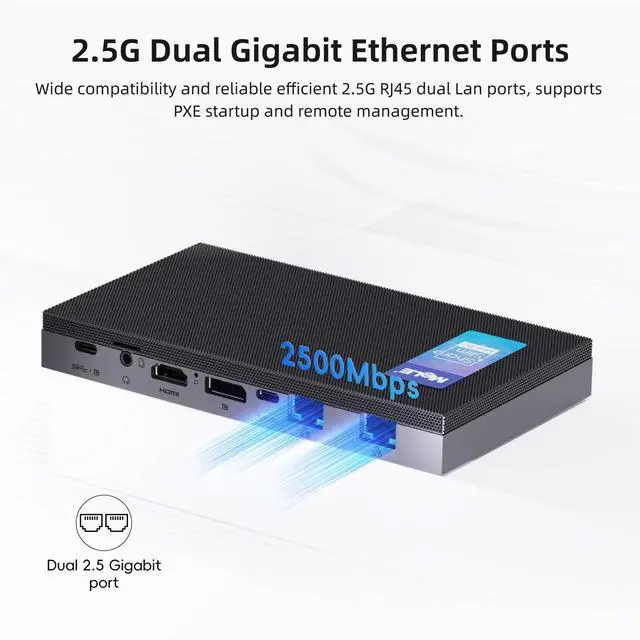 Alt view image 3 of 5 - MeLE QuieterDL Mini PC, Dual LAN 2.5G, N100 Fanless Mini Computers, 8GB 4266MHz RAM, 256GB PCIe 3.0x4 Storage, Full-Function USB-C, 4K Triple Display Desktop on Office, Education, Industrial, Home