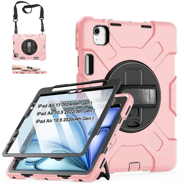 Main image of Case for iPad Air 11 M3 2025 & M2 2024: Cover for iPad Air 5th & 4th Generation 10.9 Inch (2020/2022) with Screen Protector- Stand- Handle- Shoulder Strap- Pencil Holder- Rose Gold