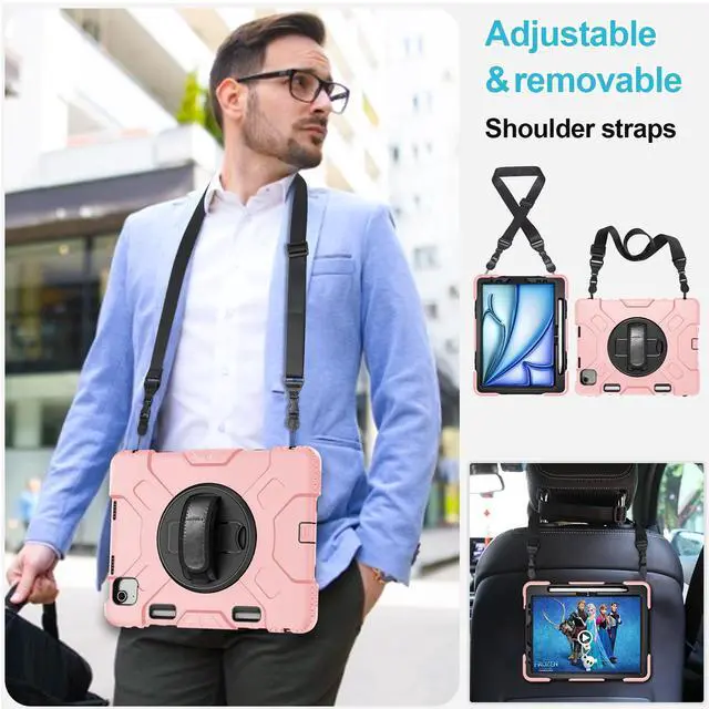 Alt view image 5 of 5 - Case for iPad Air 11 M3 2025 & M2 2024: Cover for iPad Air 5th & 4th Generation 10.9 Inch (2020/2022) with Screen Protector- Stand- Handle- Shoulder Strap- Pencil Holder- Rose Gold