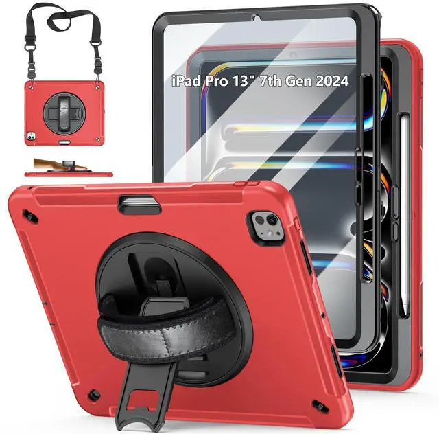 Main image of Case for iPad Pro 13 Inch 7th Generation 2024: Military Grade Cover for iPad Pro 13" (M4) W/Screen Protector - Stand - Handle - Shoulder Strap - Pencil Holder- Red