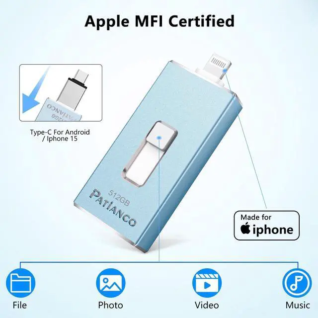 Alt view image 2 of 5 - Patianco Apple MFi Certified 512GB iPhone/iPad USB Flash Drive, Lightning Connector, USB 3.0, 100/625 MB/s Read/Write, Portable Photo Stick for iPhone/iPad/Computer, Blue