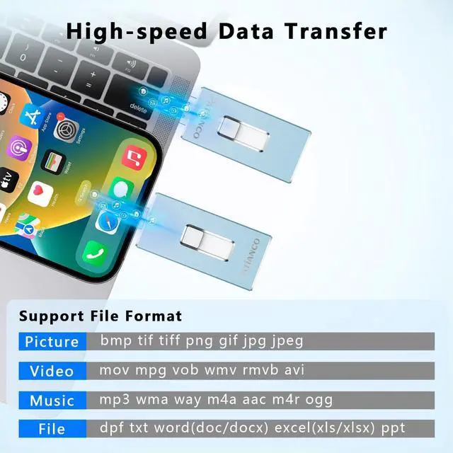 Alt view image 4 of 5 - Patianco Apple MFi Certified 512GB iPhone/iPad USB Flash Drive, Lightning Connector, USB 3.0, 100/625 MB/s Read/Write, Portable Photo Stick for iPhone/iPad/Computer, Blue