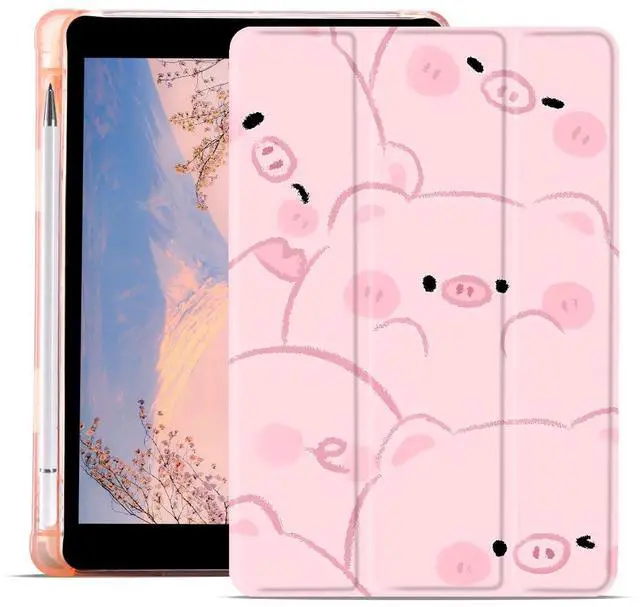 Main image of JOYLAND Cute Piggy Pad Case for iPad 9th/7th/8th Generation 10.2 Inch with Pencil Holder, Clear TPU Foldable iPad 2021/2020/2019 Smart Stand Back Cover, Auto Wake/Sleep Shockproof Protective Case