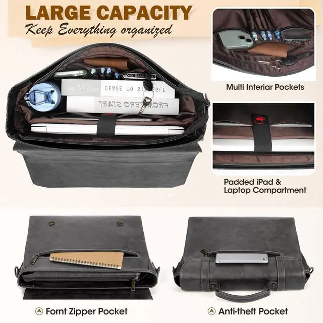 Alt view image 3 of 5 - RAINSMORE Mens Messenger Bag 17 Inch Waterproof Vintage Leather Laptop Briefcase Large Laptop Bag Satchel Bag Computer Shoulder Bag for Office Business Travel College,Brown