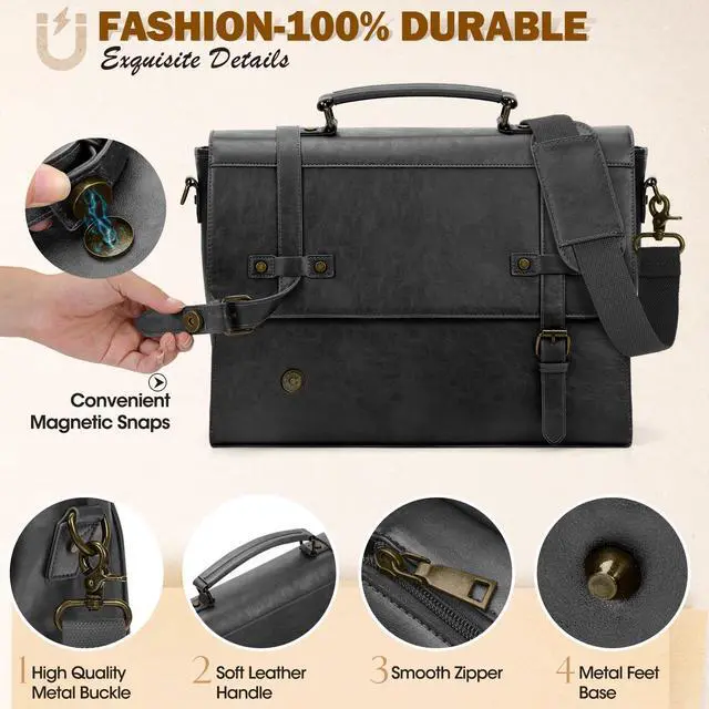 Alt view image 5 of 5 - RAINSMORE Mens Messenger Bag 17 Inch Waterproof Vintage Leather Laptop Briefcase Large Laptop Bag Satchel Bag Computer Shoulder Bag for Office Business Travel College,Brown