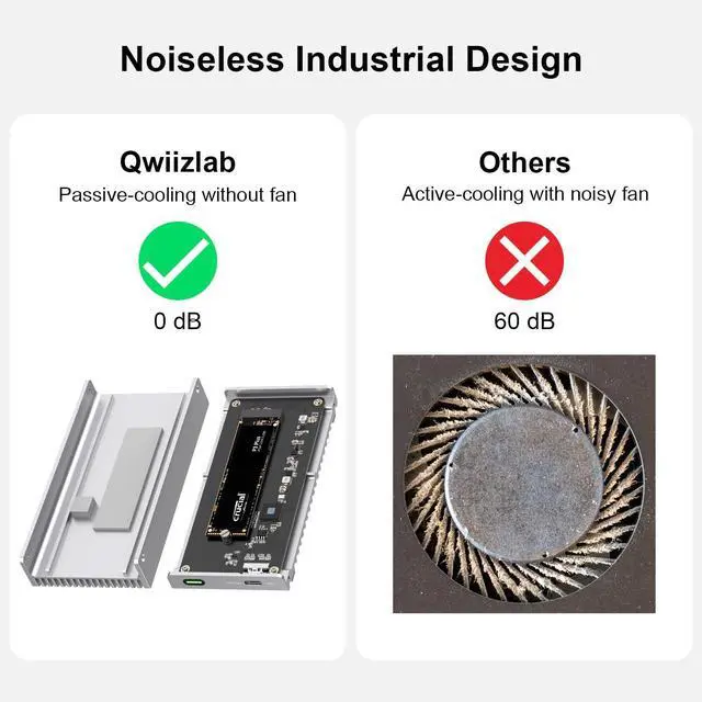 Alt view image 2 of 5 - Qwiizlab Fanless 40Gbps USB4 Thunderbolt External SSD Enclosure with Aluminum Heat Sink Chasiss, Supports M.2 NVMe SSD up to 8TB, Silver (SSD Not Included)