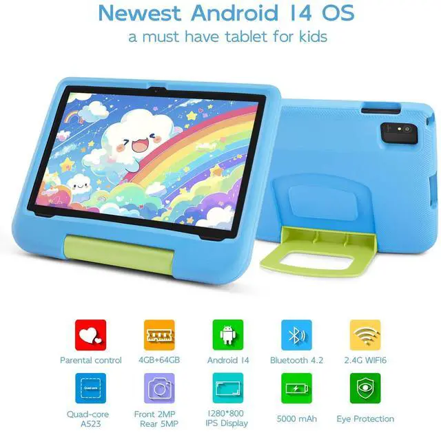 Alt view image 2 of 5 - Ruufuuxy Kids Tablet 10 Inch - Android 14 Tablet for Kids, Octa-Core, 4GB RAM 64GB ROM Expandable, IPS HD 1280x800, WiFi 6, 5000mah Battery, GMS, 2.0MP + 5.0 MP, Parental Control (Blue EVA Case)