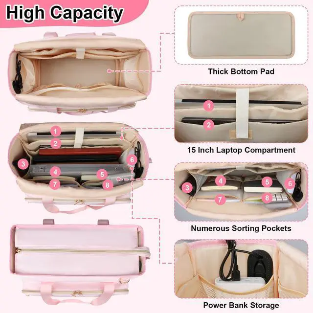 Alt view image 2 of 5 - Sambois Teacher Tote Bag with Accordion File Organizer Pocket, Soft Nylon Utility Bag with 15.6 inch Laptop Compartment & USB Port, Large Work Tote Bag for Office Supplies Women (Pink)