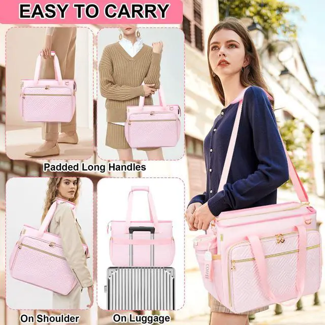 Alt view image 4 of 5 - Sambois Teacher Tote Bag with Accordion File Organizer Pocket, Soft Nylon Utility Bag with 15.6 inch Laptop Compartment & USB Port, Large Work Tote Bag for Office Supplies Women (Pink)