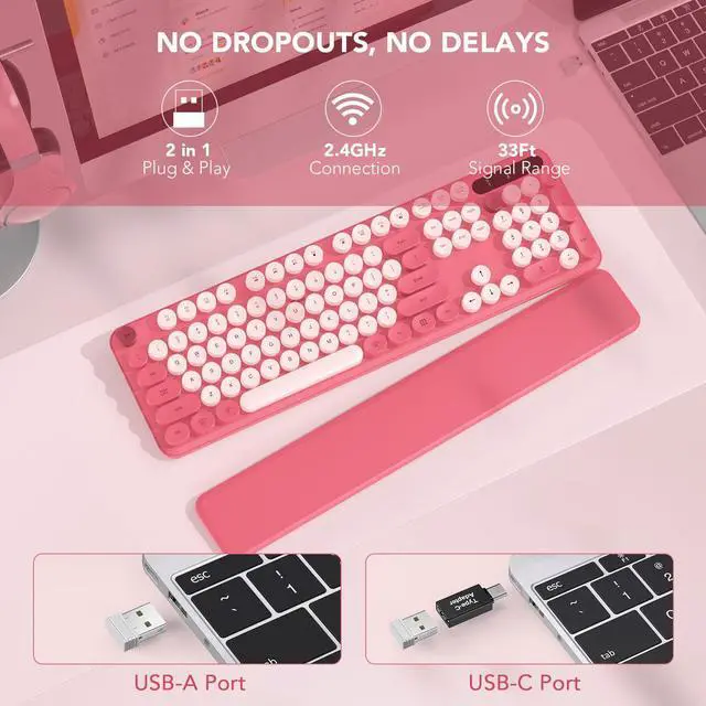 Alt view image 4 of 5 - Pink Wireless Keyboard and Latte Wireless Keyboard Mouse, Round Keycaps, Full-Size Retro Typewriter Keyboard with Detachable Wrist Rest, Sleep Mode & Tilt Legs, 2.4GHz Cordless Connection for Mac/Wind