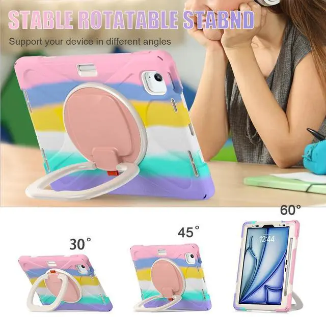 Alt view image 4 of 5 - SCSVPN for iPad Air 11 Inch Case M3/M2 (7th/6th Gen, 2025/2024), iPad Air 5th/4th Gen 10.9''(2022/2020), iPad Pro 11'' 4th/3rd/2nd/1st, Rugged Cover for Kids with Pen Holder+Stand+Shoulder Strap,Pink