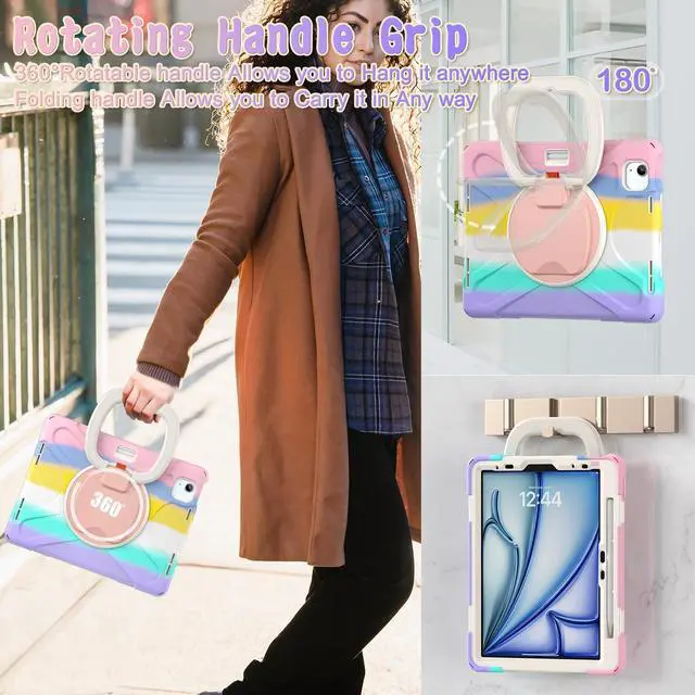 Alt view image 3 of 5 - SCSVPN for iPad Air 11 Inch Case M3/M2 (7th/6th Gen, 2025/2024), iPad Air 5th/4th Gen 10.9''(2022/2020), iPad Pro 11'' 4th/3rd/2nd/1st, Rugged Cover for Kids with Pen Holder+Stand+Shoulder Strap,Pink