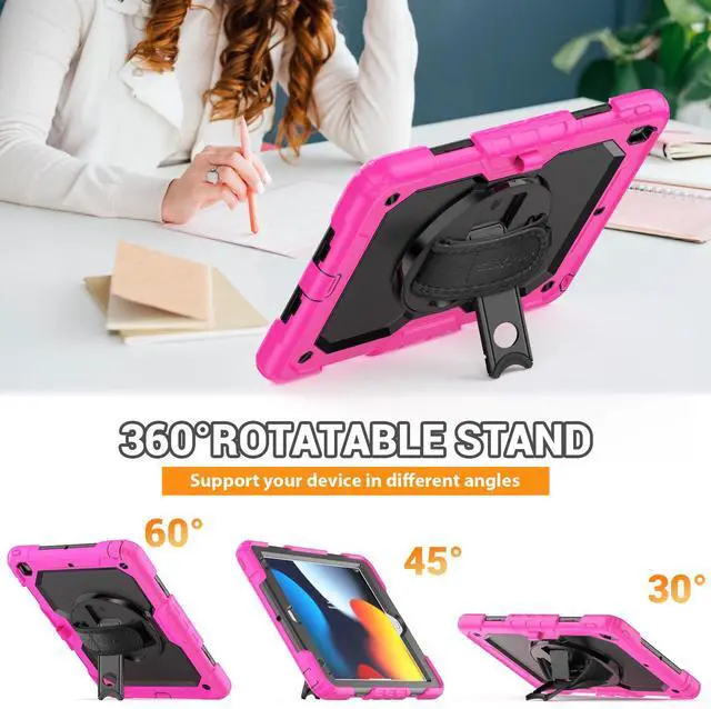 Alt view image 4 of 5 - SEYMAC for iPad 9th/8th/7th Generation Case 10.2" 2021-2019, Full-Body Shockproof Heavy Duty Protective Case with Screen Protector, Rotating Stand/Handle/Shoulder Strap for iPad 10.2, Pink