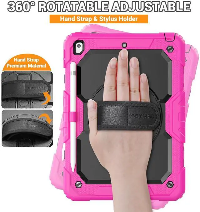 Alt view image 3 of 5 - SEYMAC for iPad 9th/8th/7th Generation Case 10.2" 2021-2019, Full-Body Shockproof Heavy Duty Protective Case with Screen Protector, Rotating Stand/Handle/Shoulder Strap for iPad 10.2, Pink