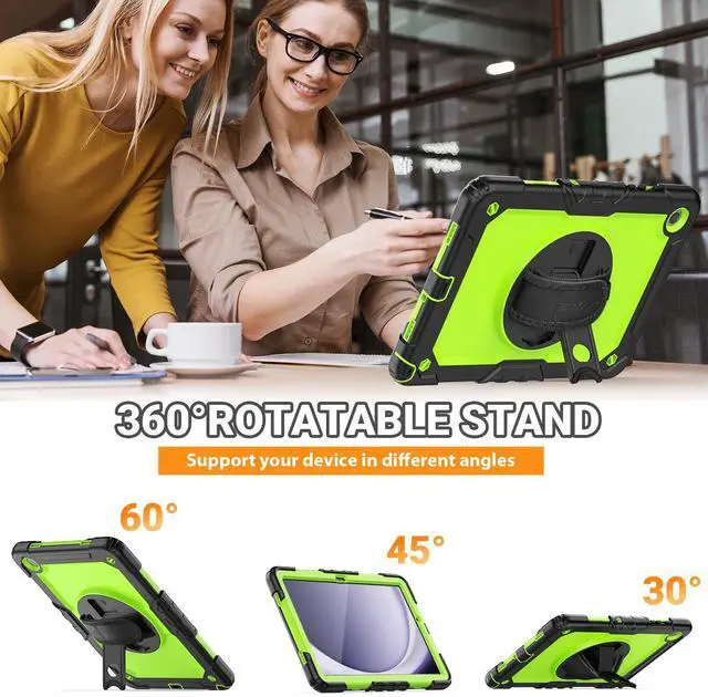 Alt view image 4 of 5 - SEYMAC for Samsung Galaxy Tab A9+/ A9 Plus Case 11" 2023 (SM-X210/X216/X218), Heavy Duty Shockproof Protective Case with Screen Protector, Rotating Stand, Hand/Shoulder Strap, Green