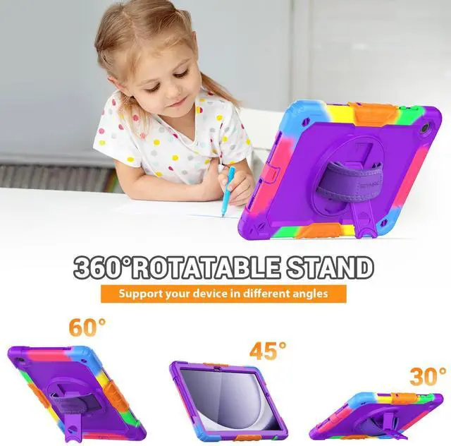 Alt view image 4 of 5 - SEYMAC for Samsung Galaxy Tab A9+/ A9 Plus Case 11" 2023 (SM-X210/X216/X218), Heavy Duty Shockproof Protective Case with Screen Protector, Rotating Stand, Hand/Shoulder Strap, Purple