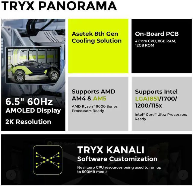 Alt view image 2 of 5 - TRYX Panorama 360 White 360mm AIO 6.5'' AMOLED L-Shaped Screen 3D Anamorphic Effect Display Customizable AIO Cooler 360mm 8th Gen Asetek Pump 320w TDP ROTA PRO 120mm Fan LGA 1700/1200/115X AM5/AM4