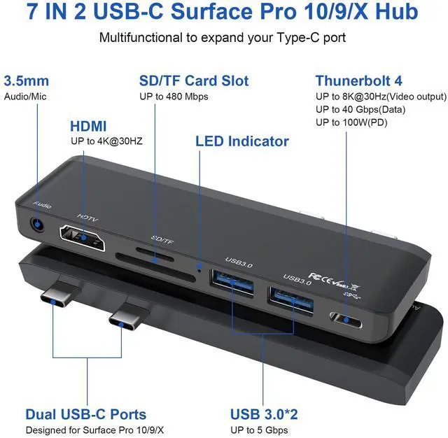 Alt view image 2 of 5 - Surface Pro 9/10/11 Accessories - Surface Pro Docking Station with Thunderbolt 4(Display+Data+100W PD), 4K HDMI, 2 USB3.0, 3.5mm Audio, SD/TF Reader, HDMI+USB C Triple Display Surface Pro 11 10 9 Hub