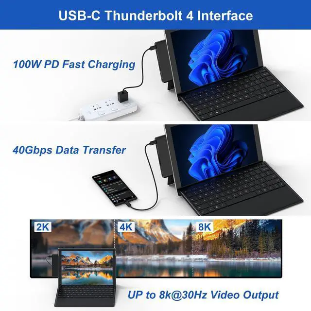 Alt view image 3 of 5 - Surface Pro 9/10/11 Accessories - Surface Pro Docking Station with Thunderbolt 4(Display+Data+100W PD), 4K HDMI, 2 USB3.0, 3.5mm Audio, SD/TF Reader, HDMI+USB C Triple Display Surface Pro 11 10 9 Hub